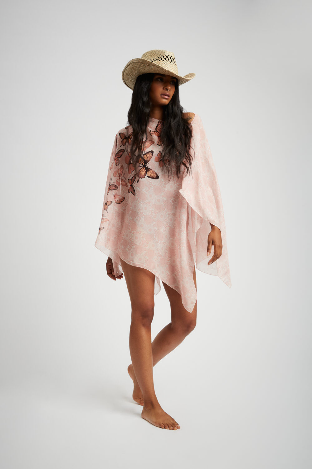 Poncho Chiffon Farfalle Rosa 100% Seta - immagine 5