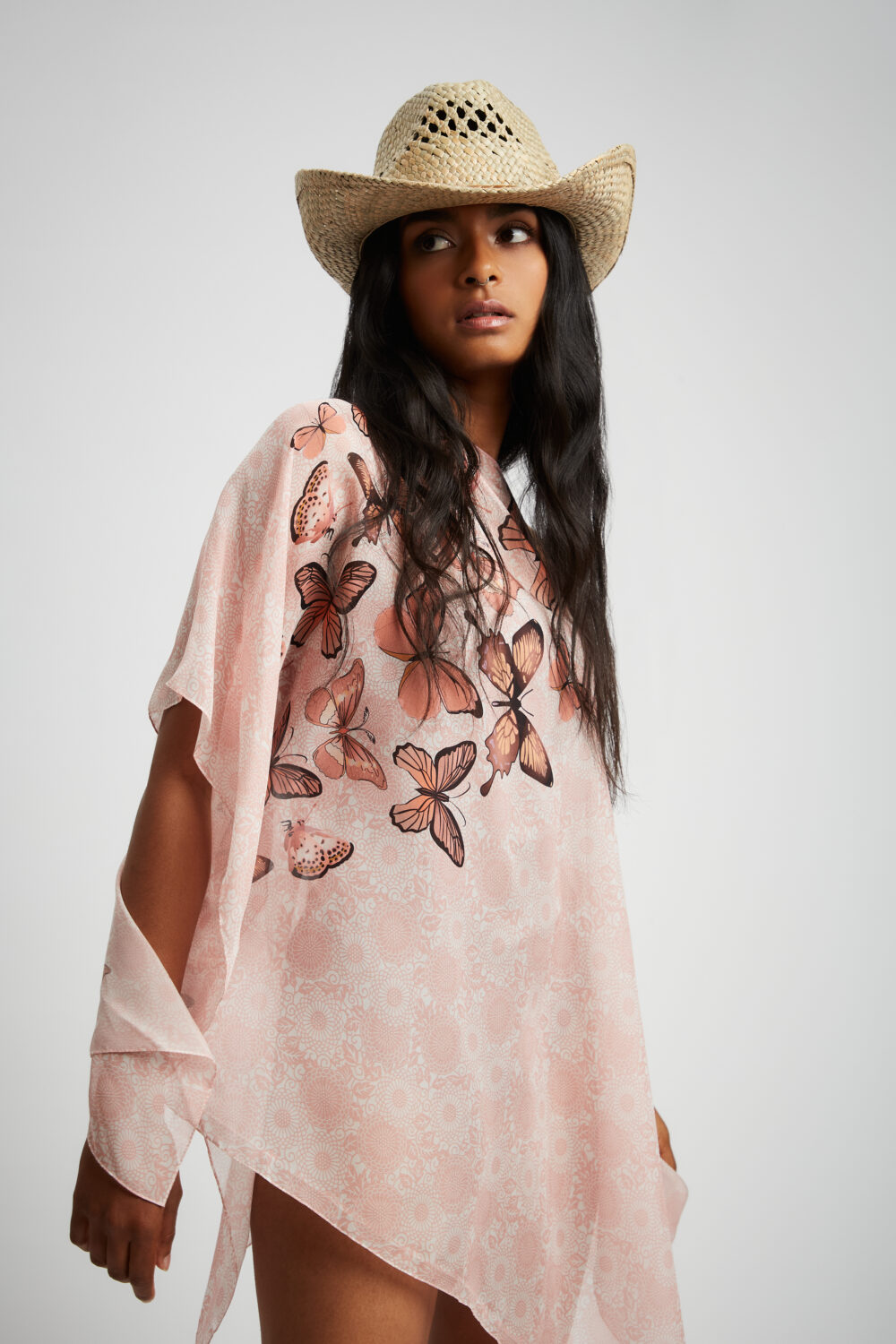 Poncho Chiffon Farfalle Rosa 100% Seta