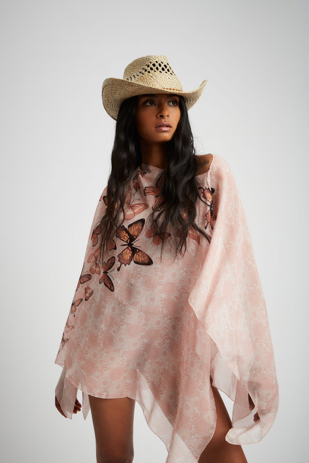 Poncho Chiffon Farfalle Rosa 100% Seta - immagine 4