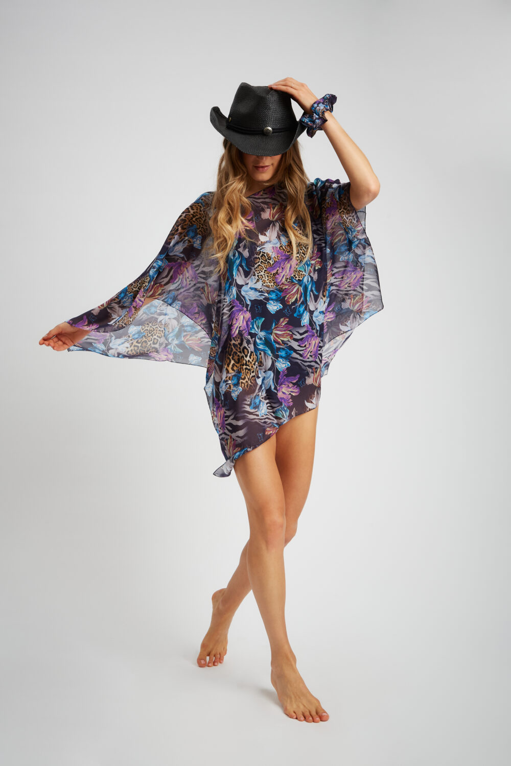 Poncho Chiffon Leopard Blu 100% Seta