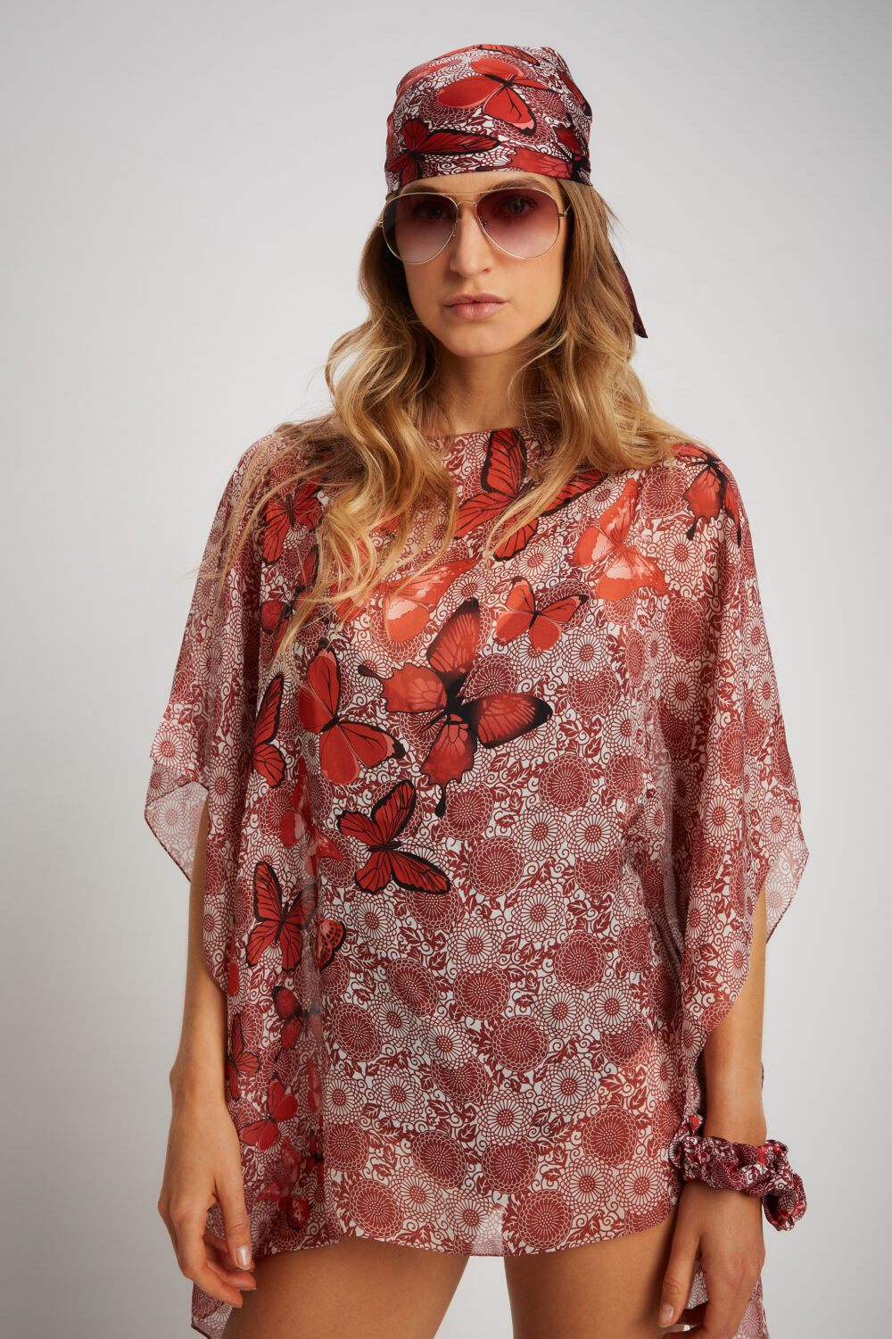 Poncho Chiffon Farfalle Rosso 100% Seta