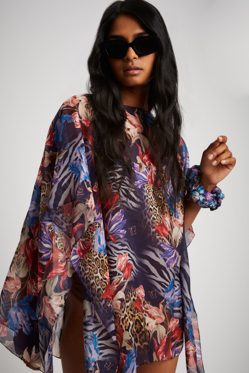 Poncho Chiffon Leopard Rosa 100% Seta