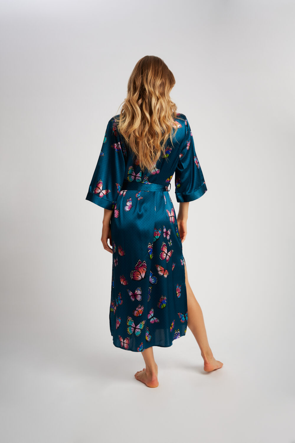Kimono Lungo Farfalla Petrolio Seta - immagine 4