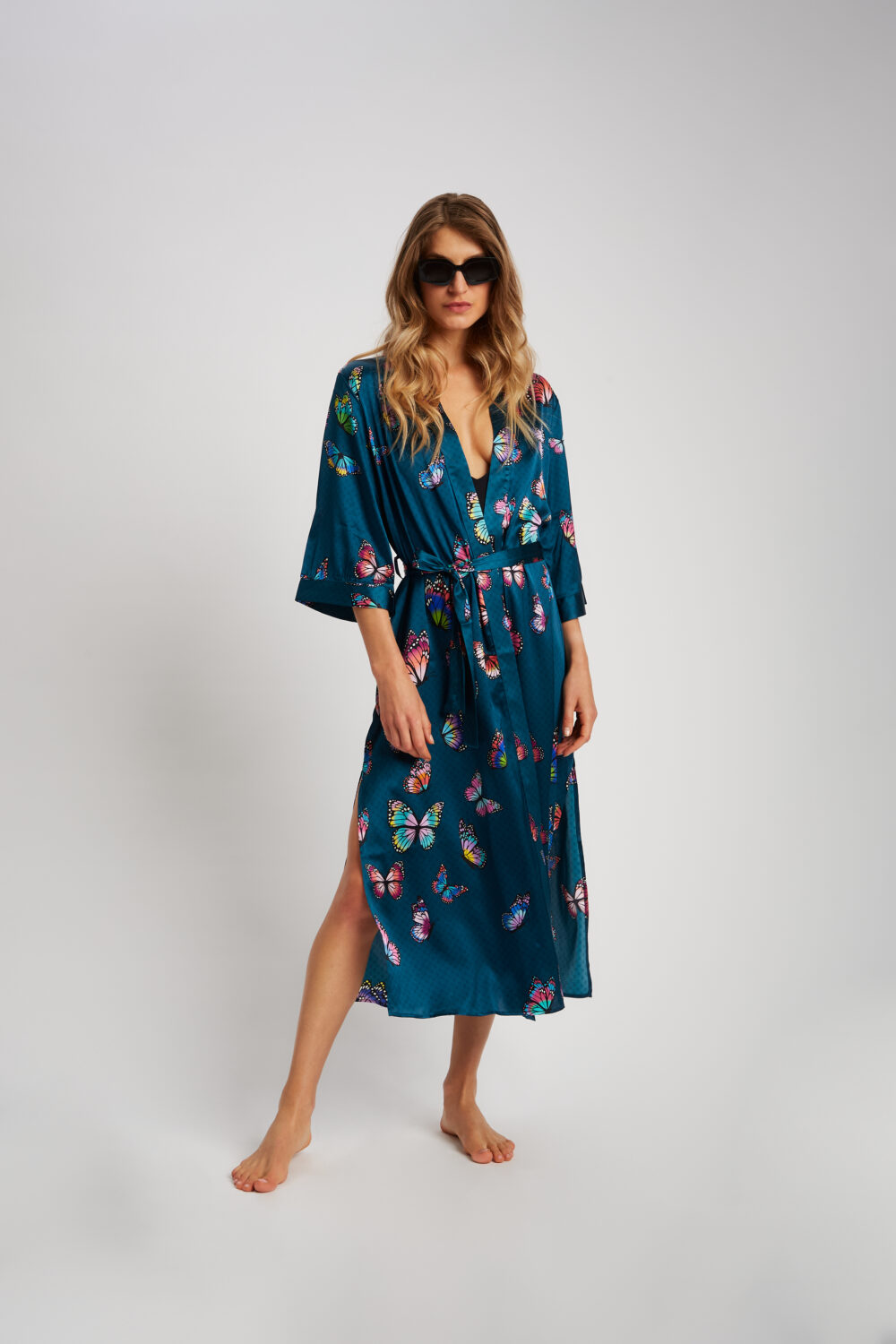 Kimono Lungo Farfalla Petrolio Seta