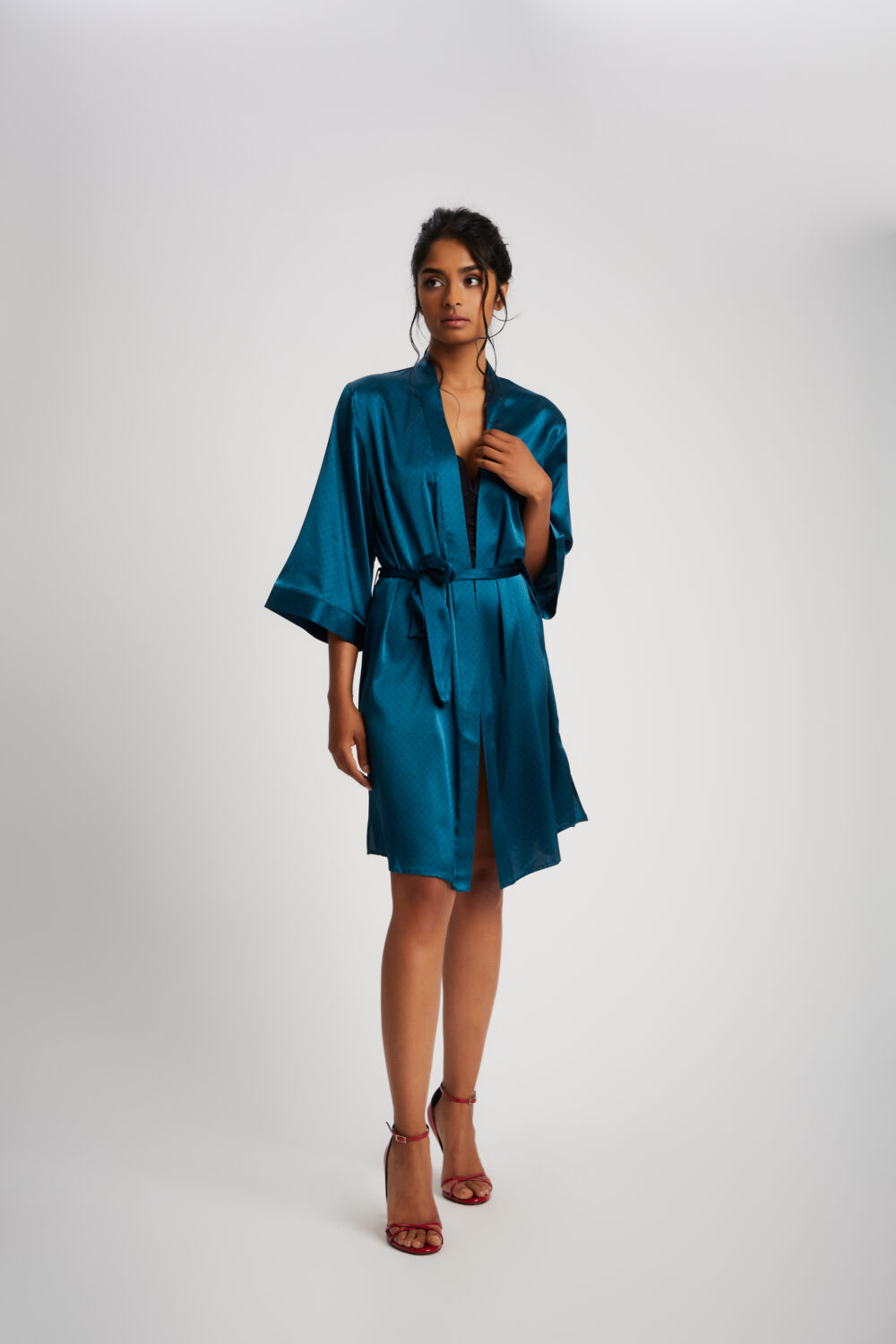 Kimono Corto All Over Petrolio Seta - immagine 3